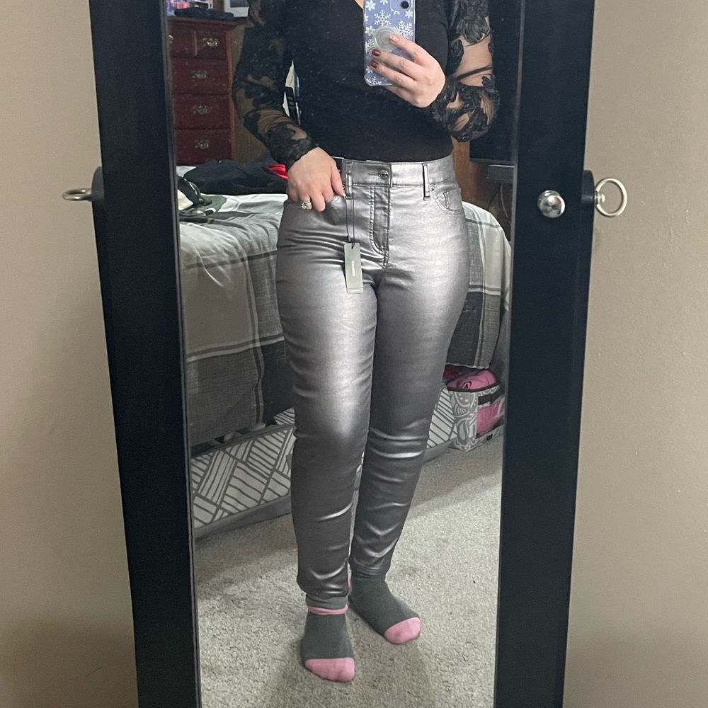 NWT Express skinny mid rise silver metallic jeans